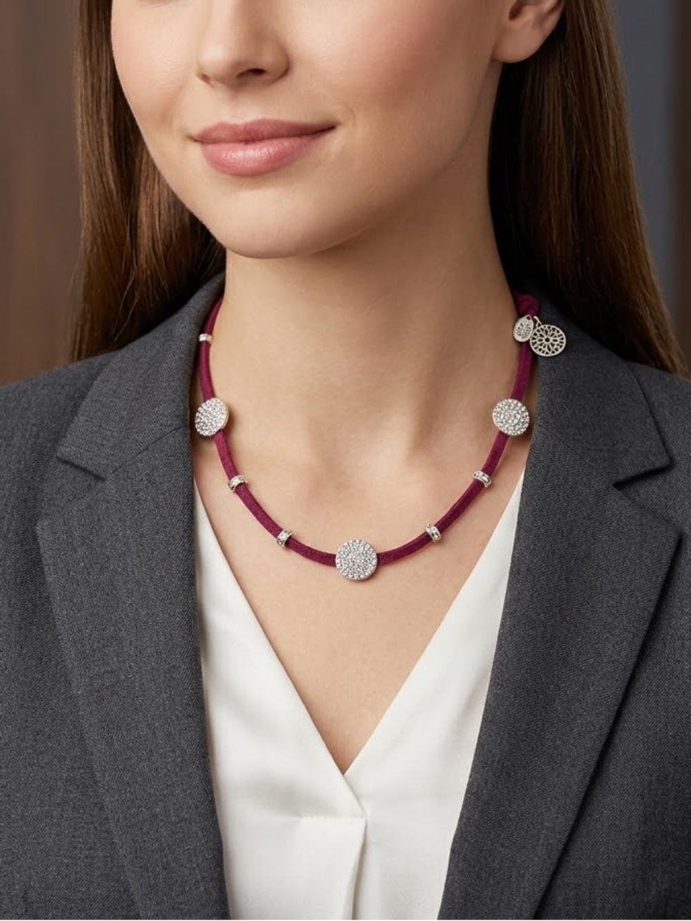 New Marlyn Schiff Pave Crystal Leather Station Choker Necklace